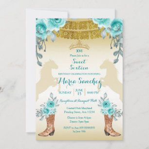 Sweet Sixteen Aqual Teal Turquoise Horse & Boots   Invitation