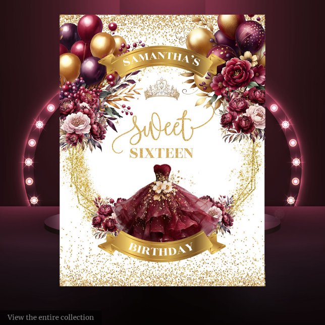 Sweet Sixteen Backdrop Burgundy Gold Balloons Tapestry (Sweet Sixteen Backdrop Burgundy Gold Balloons)