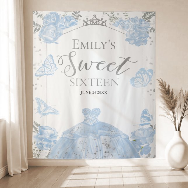 Sweet Sixteen Backdrop Butterfly Dusty Blue Dress Tapestry (Creator Uploaded)