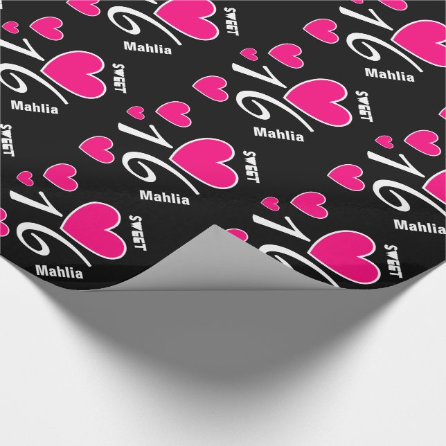 Sweet Sixteen Birthday 16 HEARTS Custom Name V3N1 Wrapping Paper (Corner)