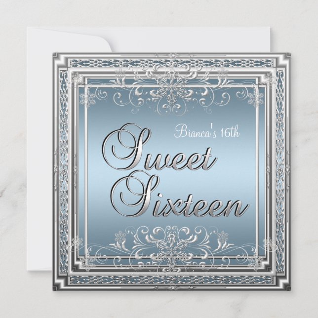 Sweet Sixteen Birthday Blue Silver Teen Girl 2 Invitation (Front)