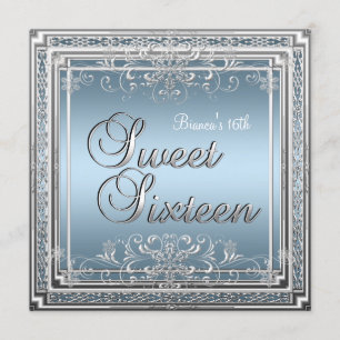 Sweet Sixteen Birthday Blue Silver Teen Girl 2 Invitation