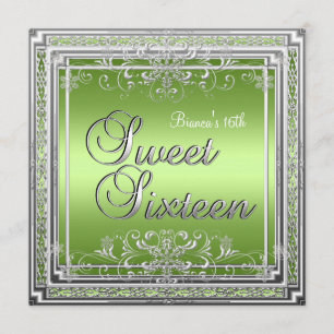 Sweet Sixteen Birthday Bright Green Silver Girl Invitation