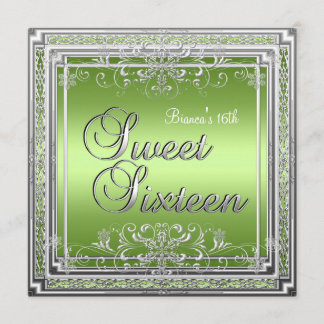 Sweet Sixteen Birthday Bright Green Silver Girl Invitation