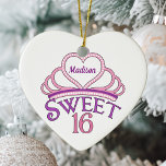 Sweet Sixteen Birthday Custom Pink Heart Christmas Ceramic Tree Decoration<br><div class="desc">Personalized pretty sweet sixteen birthday gift Christmas ornament with a beautiful pink tiara topped with a cute purple heart and your teenage girl's name inside of it. Words Sweet 16 written in beautiful script for your girly teenager.</div>