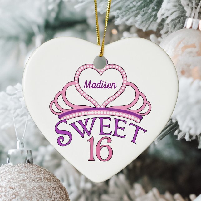 Sweet Sixteen Birthday Custom Pink Heart Christmas Ceramic Tree Decoration (Creator Uploaded)