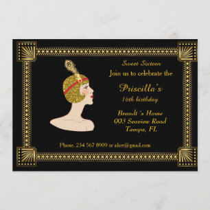 Sweet Sixteen birthday, Gatsby style, black & gold Invitation