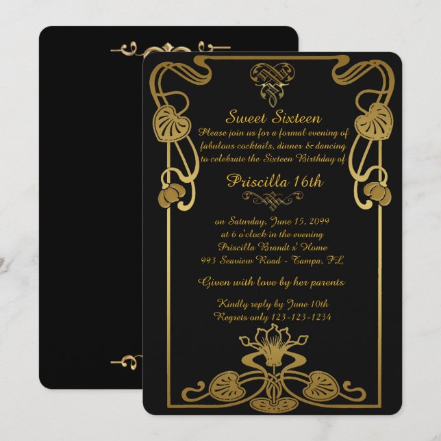 Sweet Sixteen Birthday,Gatsby style, Black-Gold Invitation (Front/Back)