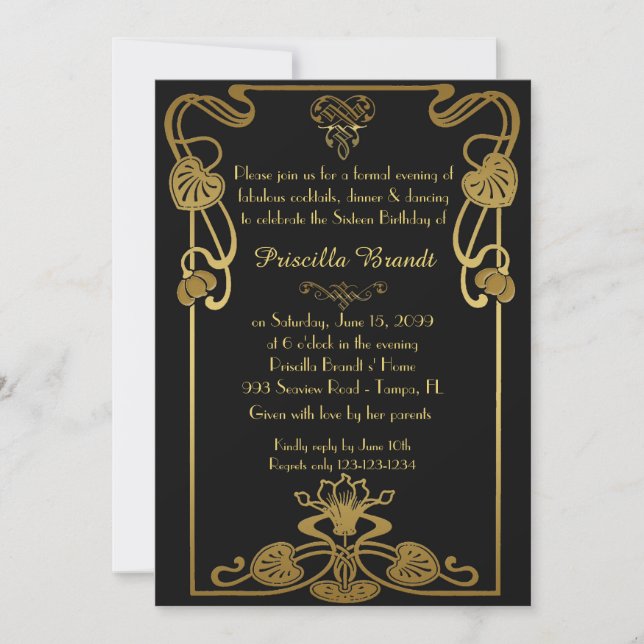 Sweet Sixteen Birthday, Gatsby style, black & Gold Invitation (Front)