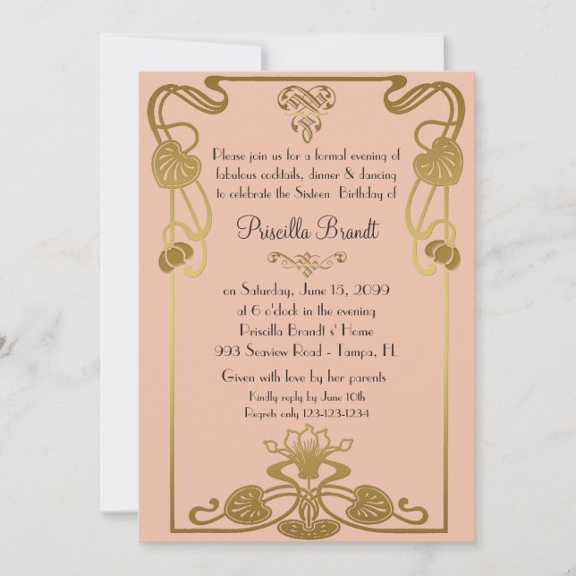 Sweet Sixteen Birthday, Gatsby style, Peach & Gold Invitation (Front)