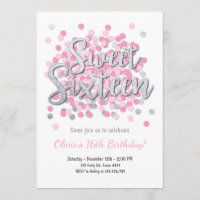 Sweet Sixteen birthday invitation Girl Pink Silver