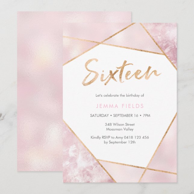 Sweet Sixteen Birthday Invitation pink and gold (Front/Back)