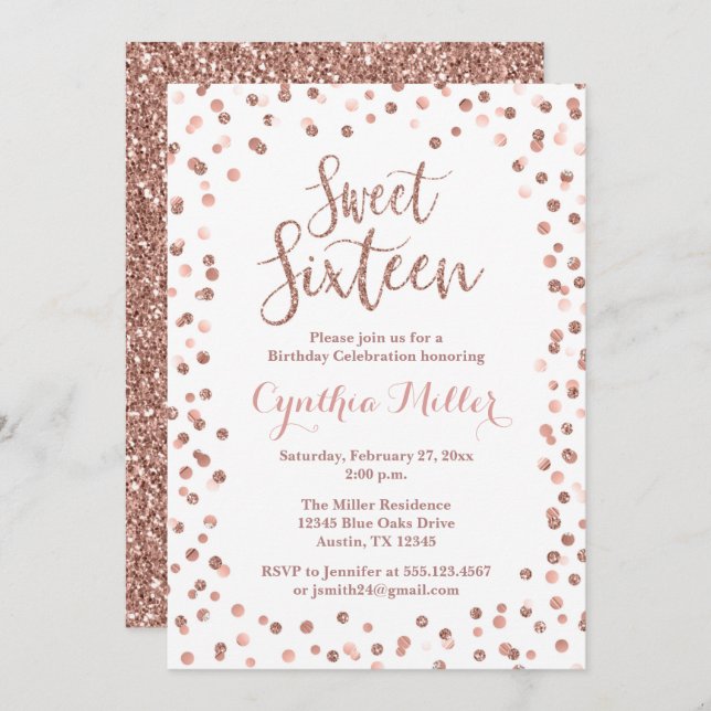 Sweet Sixteen Birthday Invitation Rose Gold (Front/Back)