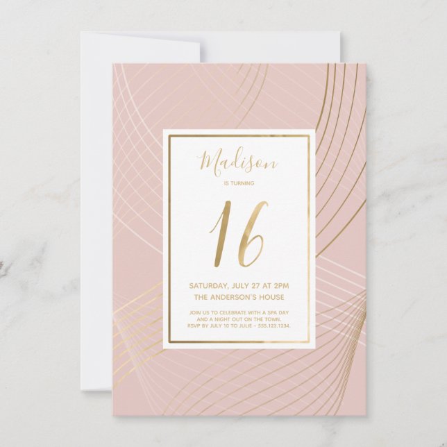 Sweet Sixteen Birthday Invite - Modern, Pink, Gold (Front)