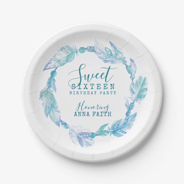 Sweet sixteen birthday party boho art aqua paper plate (Front)