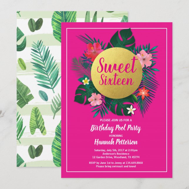 Sweet Sixteen birthday party invitation luau 16 (Front/Back)