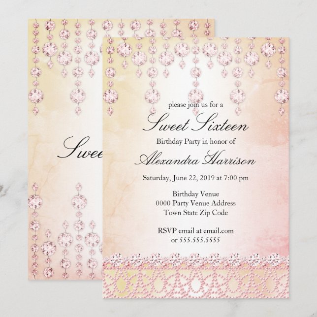 Sweet Sixteen Birthday Party Pink Crystal Silver Invitation (Front/Back)
