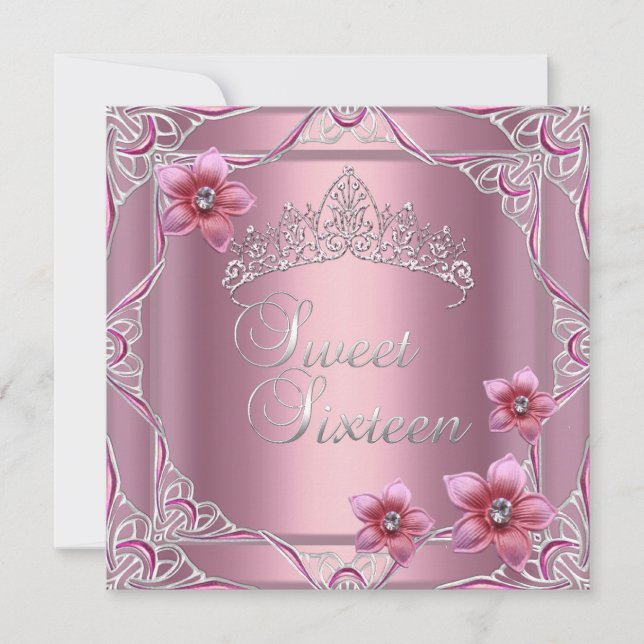 Sweet Sixteen Birthday Party Sweet 16 Pink Tiara Invitation (Front)