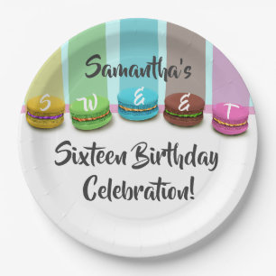 Sweet Sixteen Birthday Rainbow of Macaroons Party Paper Plate