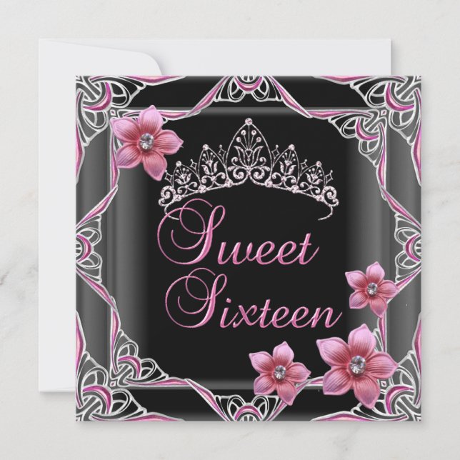 Sweet Sixteen Birthday Sweet 16 Pink Tiara Black Invitation (Front)