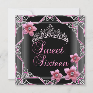 Sweet Sixteen Birthday Sweet 16 Pink Tiara Black Invitation