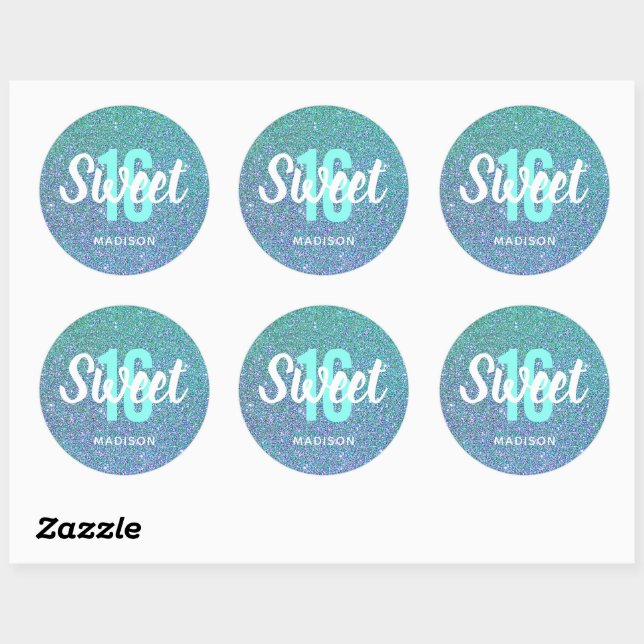 Sweet Sixteen Birthday Teal Blue Modern Girls Name Classic Round Sticker (Sheet)