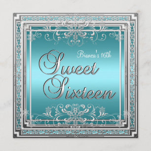 Sweet Sixteen Birthday Teal Blue Silver Teen Girl Invitation