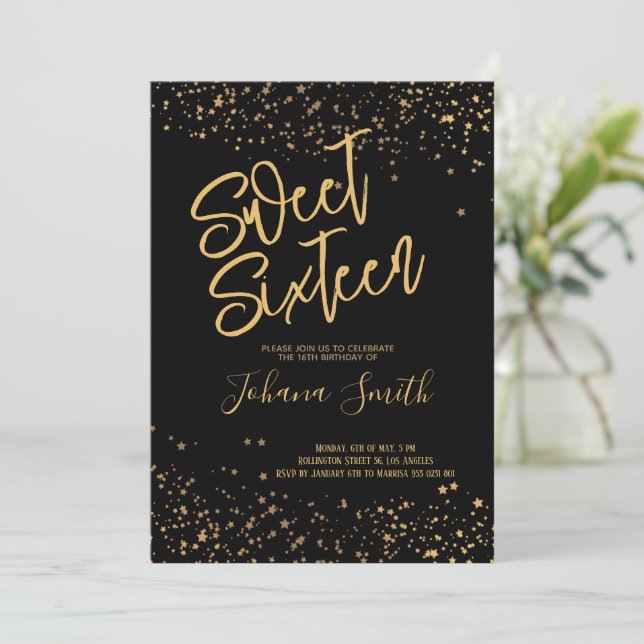 Sweet Sixteen Black and Gold Birthday Invitation (Standing Front)