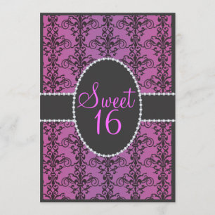 Sweet Sixteen Black Damask Purple Passion Party Invitation