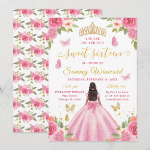 Sweet Sixteen Black Girl Princess Pink Floral Invitation