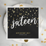 Sweet Sixteen Black Gold 16th Birthday Party Napkin<br><div class="desc">Modern 16th birthday party napkins featuring a stylish black background,  gold confetti,  the title 'sixteen' in a bold white script font,  the saying 'happy birthday',  their name,  and the date of the celebration.</div>