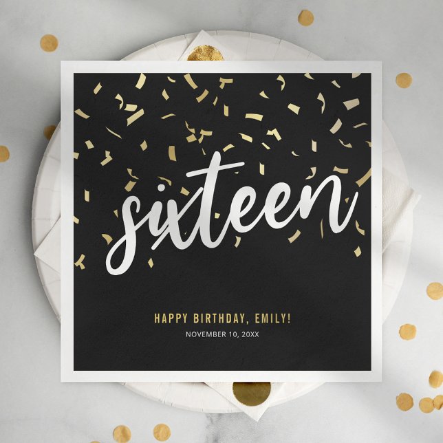 Sweet Sixteen Black Gold 16th Birthday Party Napkin (Creator Uploaded)