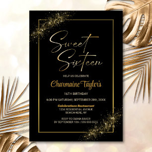 Sweet Sixteen Black Gold Birthday Party Invitation