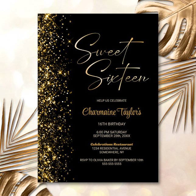 Sweet Sixteen Black Gold Glitter Birthday Party Invitation (Creator Uploaded)