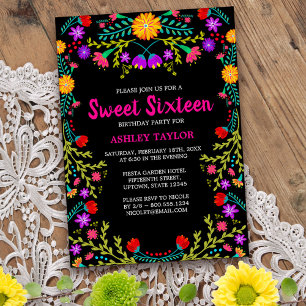 Sweet Sixteen Black Mexican Fiesta Folk Art Floral Invitation