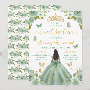 Sweet Sixteen Black Princess Green Floral Tiara Invitation