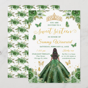 Sweet Sixteen Black Princess Green Floral Tiara Invitation