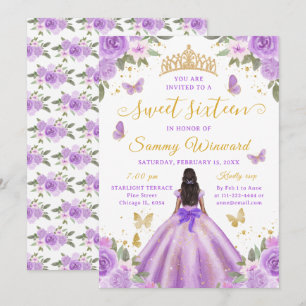 Sweet Sixteen Black Princess Purple Floral Tiara Invitation