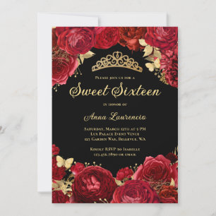 Sweet Sixteen Black Red Roses Floral 16th Birthday Invitation