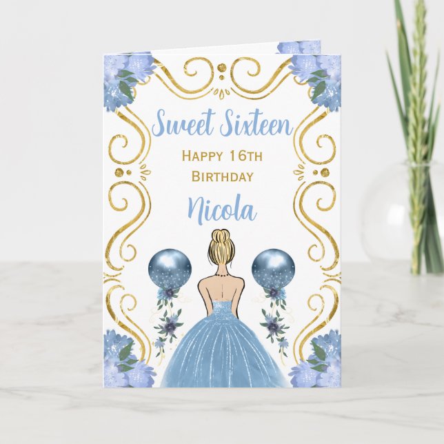 Sweet Sixteen Blonde Princess Blue Happy Birthday Card (Front)