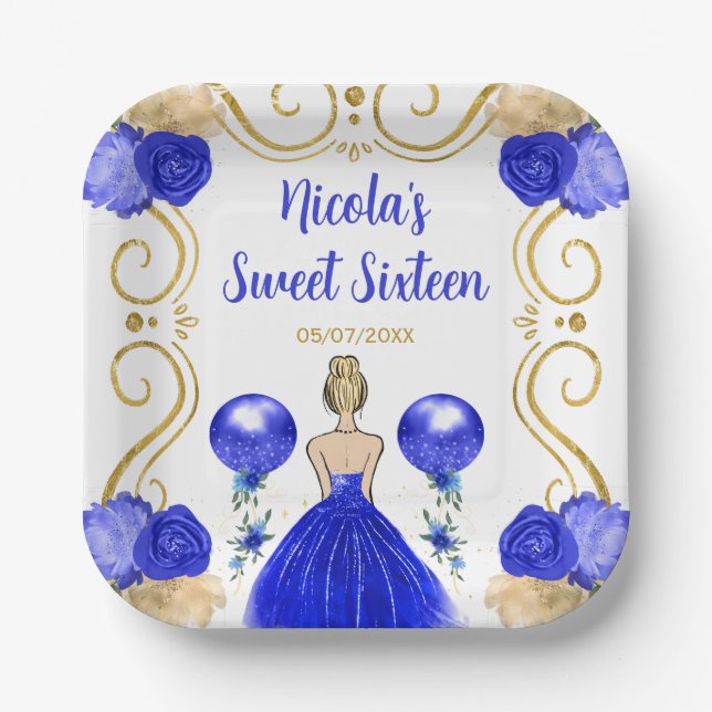 Sweet Sixteen Blonde Princess in Blue Paper Plate (Front)
