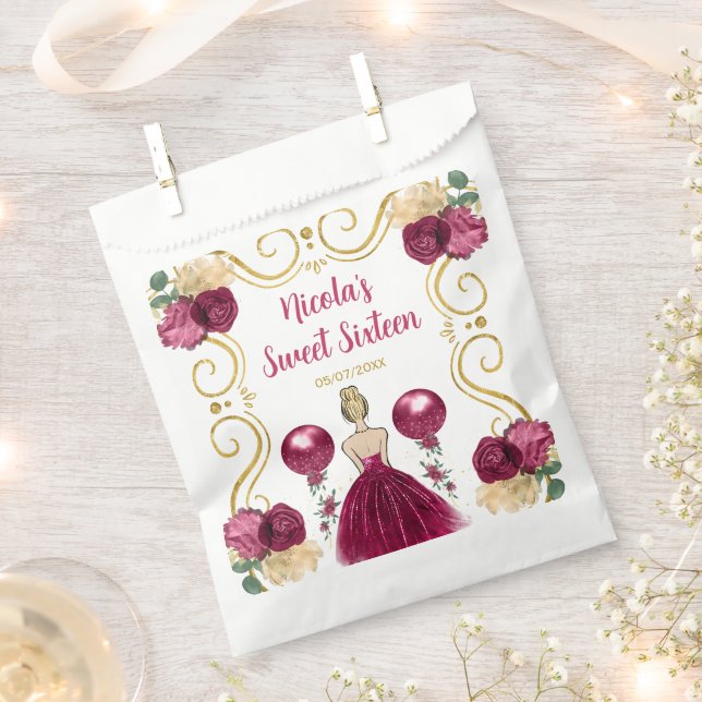 Sweet Sixteen Blonde Princess in Burgundy Red Favour Bags (Clipped)