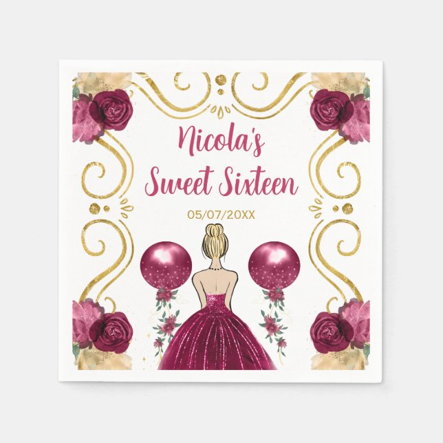 Sweet Sixteen Blonde Princess in Burgundy Red Napkin (Front)