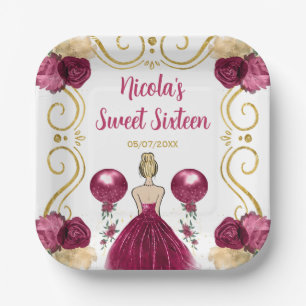 Sweet Sixteen Blonde Princess in Burgundy Red Paper Plate