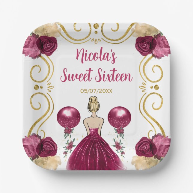 Sweet Sixteen Blonde Princess in Burgundy Red Paper Plate (Front)