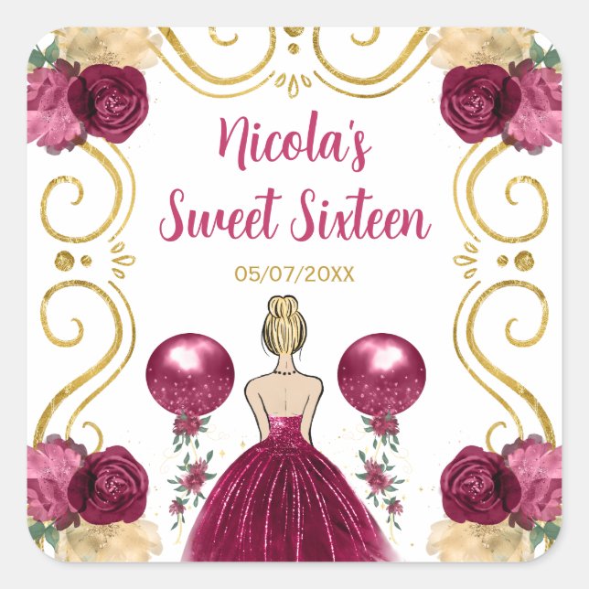 Sweet Sixteen Blonde Princess in Burgundy Red Square Sticker (Front)
