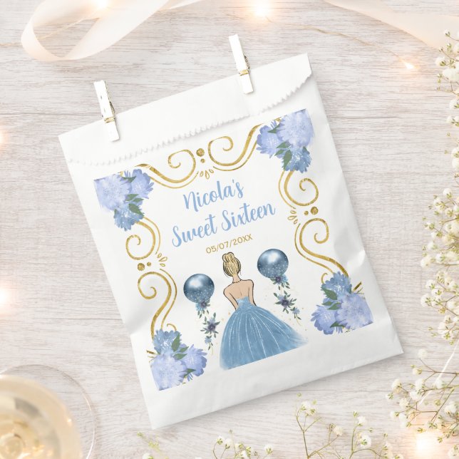Sweet Sixteen Blonde Princess in Dusty Blue Favour Bags (Clipped)