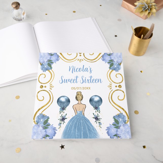 Sweet Sixteen Blonde Princess in Dusty Blue Guest Book (Front Open)