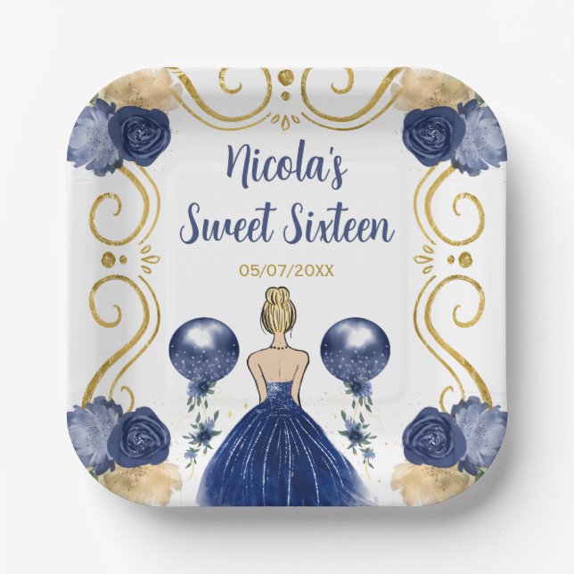 Sweet Sixteen Blonde Princess in Navy Blue Paper Plate (Front)