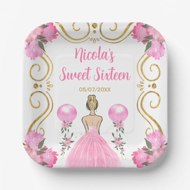 Sweet Sixteen Blonde Princess in Pink Paper Plate (Front)